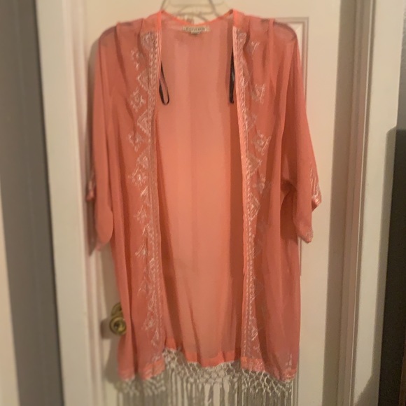 Beach By Exist Other - Beach by Exist Peach, embroidered, fringe cover up kimono